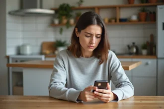 Femme consultant son smartphone avec une carte SIM sur une table de cuisine pour contacter le service client Sosh