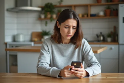Femme consultant son smartphone avec une carte SIM sur une table de cuisine pour contacter le service client Sosh