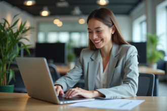 Femme souriante avec certificat marketing sur son ordinateur