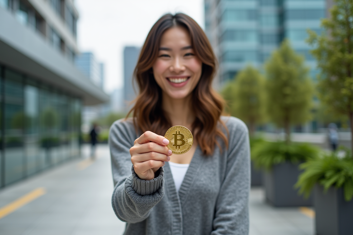 Jeune femme souriante tenant un bitcoin en extérieur