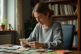 Femme examinant une collection de télécartes vintage sur un bureau en bois dans un bureau à domicile