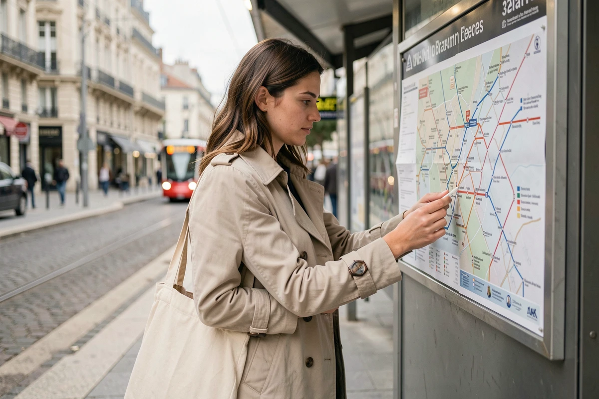 Jeune femme consultant le plan du réseau de tramway à un arrêt de Bordeaux, lignes E et F visibles sur le panneau d'information