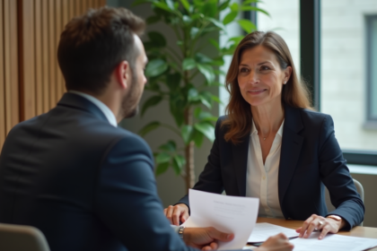 Femme d'affaires en discussion avec conseiller bancaire