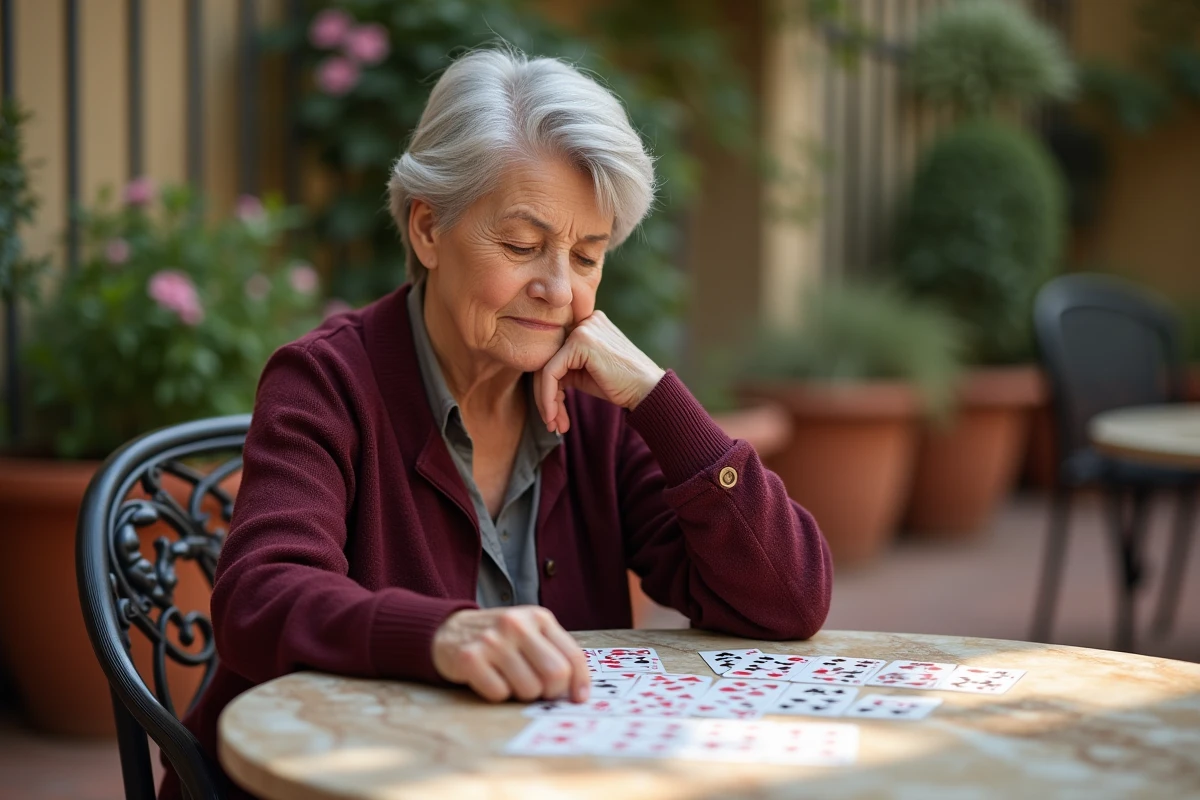 Femme âgée jouant seule à la crapette sur une terrasse extérieure avec des cartes étalées sur une table en marbre