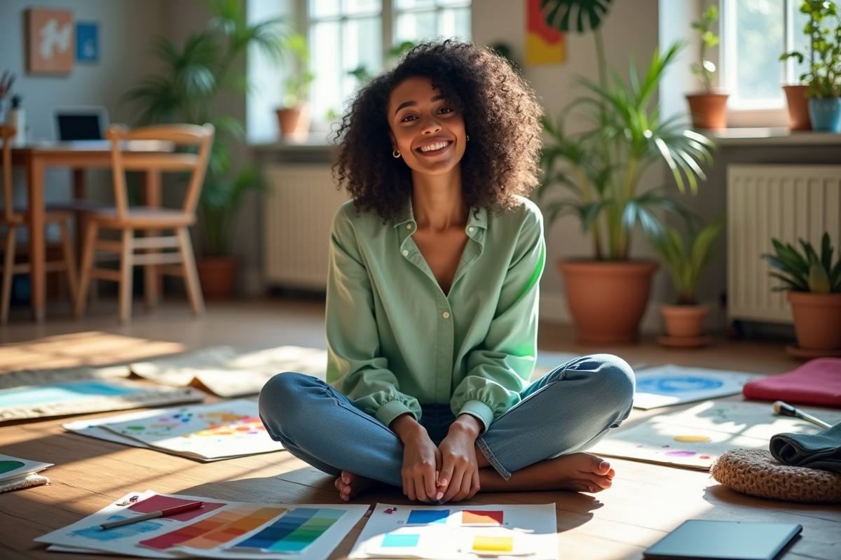 Jeune femme créative esquissant dans un studio lumineux