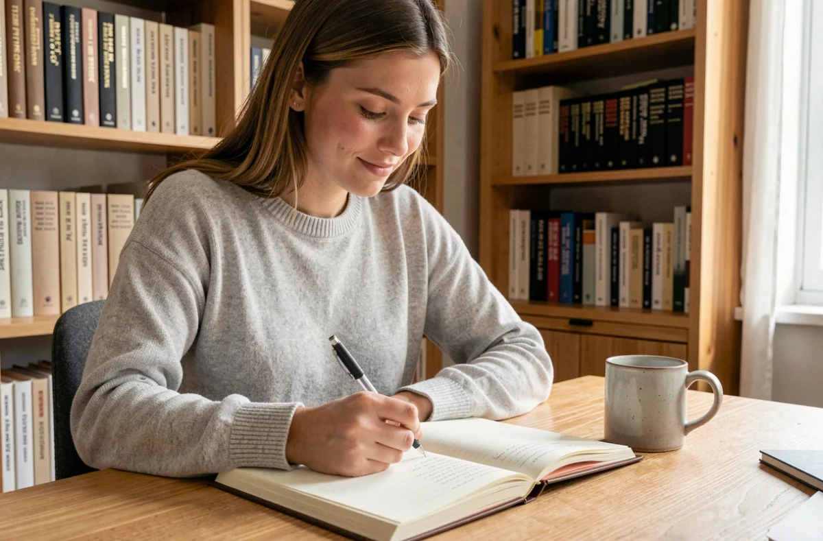 Jeune femme écrivant dans un cahier de grammaire française à son bureau, illustrant la règle du participe passé de rejoindre