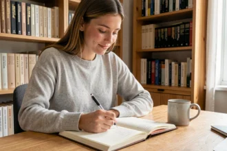 Jeune femme écrivant dans un cahier de grammaire française à son bureau, illustrant la règle du participe passé de rejoindre