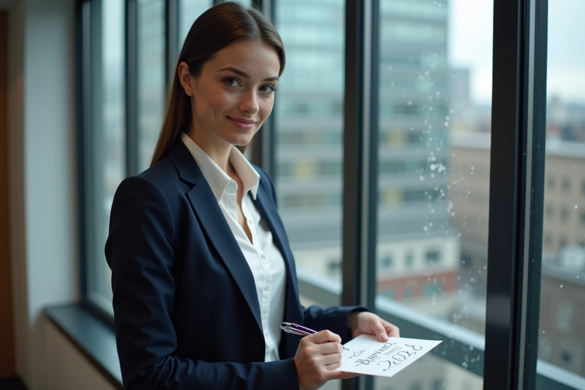 Jeune femme écrivant une carte de vœux dans un bureau urbain