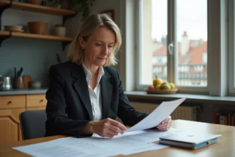 Femme d'affaires française examinant documents de location