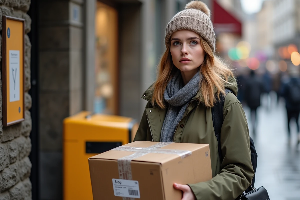 Jeune femme hésitant devant un kiosque à colis urbain