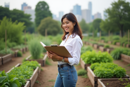Femme d'âge moyen dans un jardin communautaire verdoyant