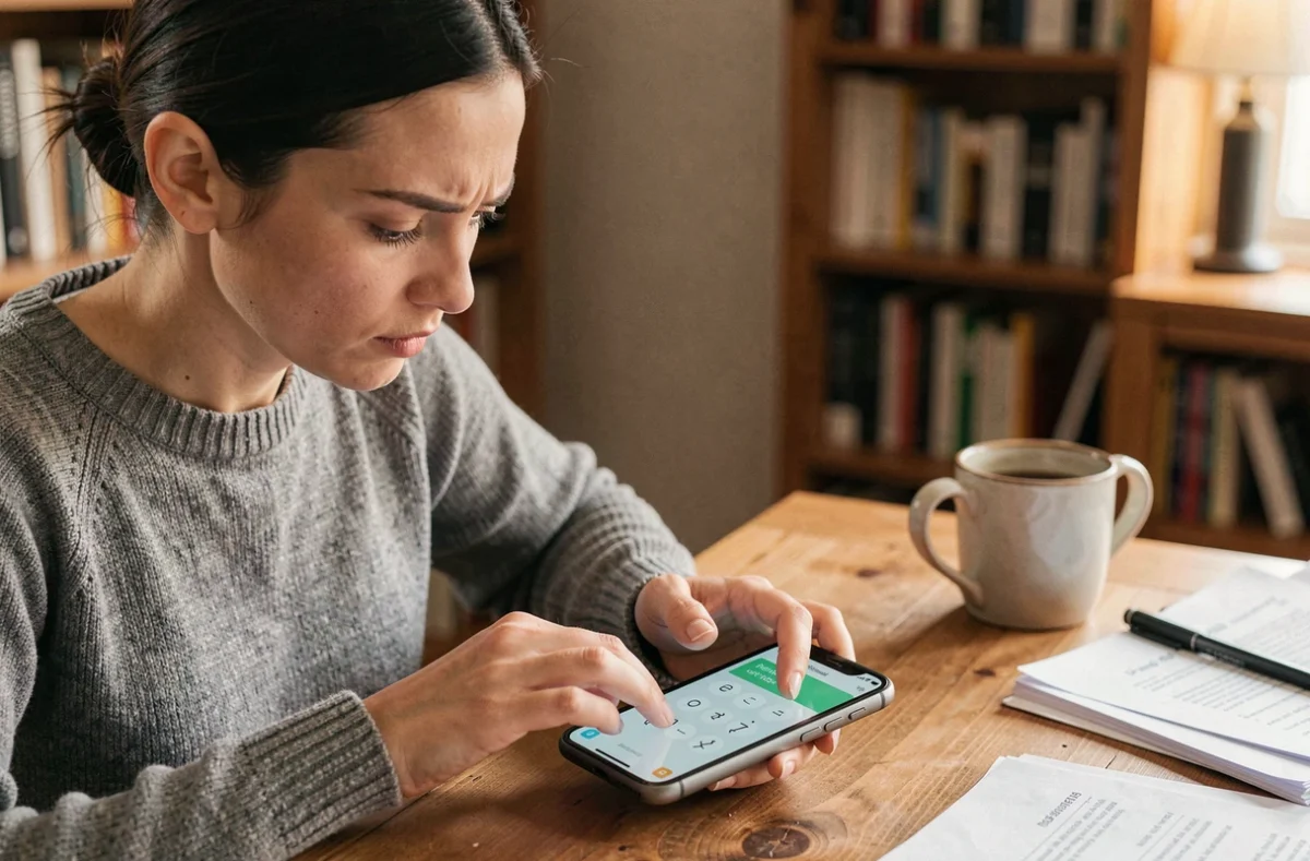 Femme tapant rapidement des lettres sur un jeu de mots 4 images 1 mot à 6 lettres sur son smartphone