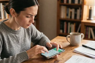 Femme tapant rapidement des lettres sur un jeu de mots 4 images 1 mot à 6 lettres sur son smartphone
