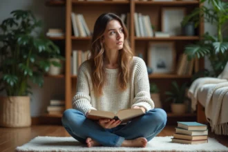 Femme contemplative en train de journaliser dans un salon cosy