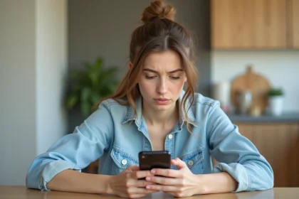 Jeune femme lisant un message sur son smartphone dans la cuisine