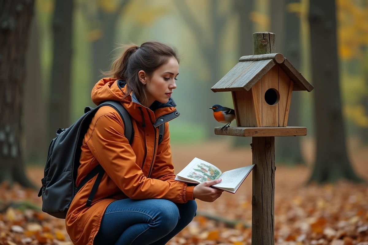 Femme tenant un livre nature observant un rouge-gorge posé sur un nichoir en forêt automnale