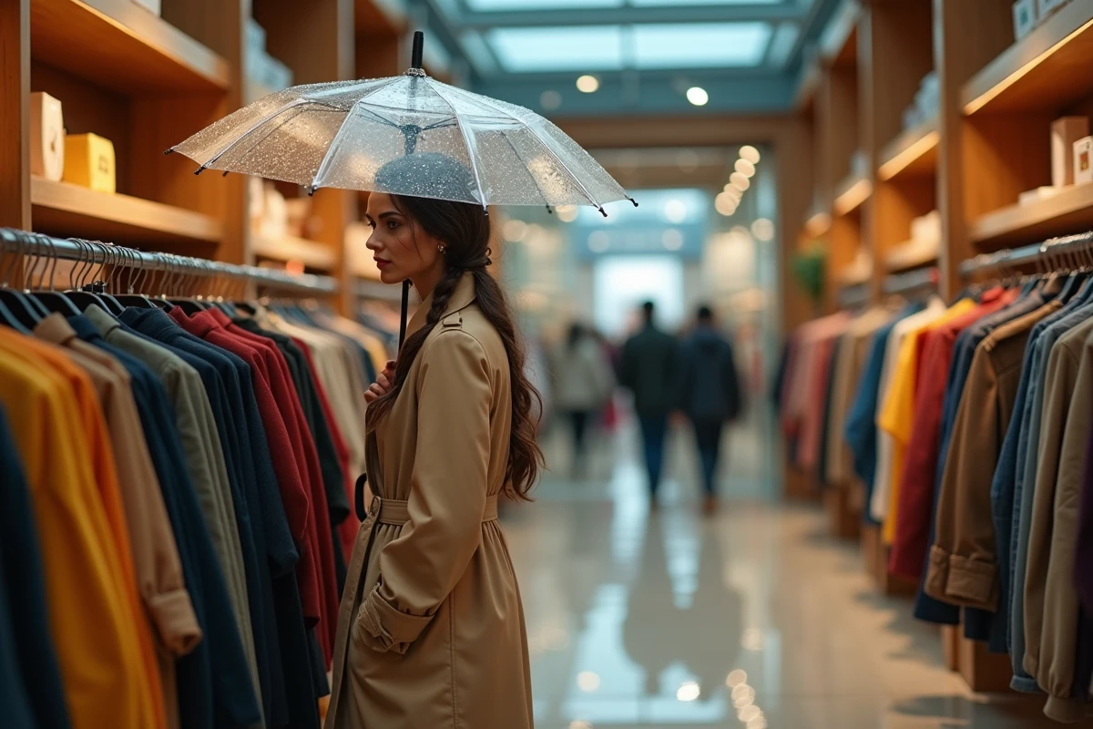 Femme qui flâne dans un grand magasin ouvert un dimanche pluvieux à Montpellier