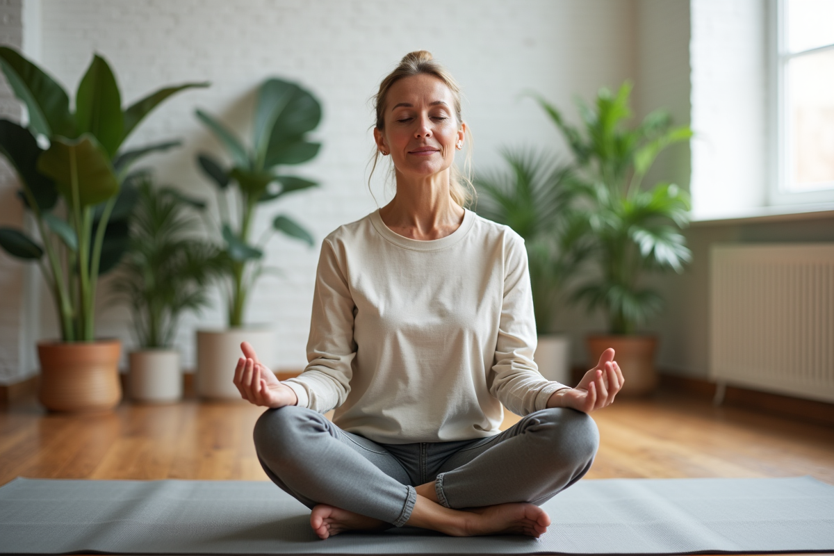 Femme méditant en intérieur dans un studio moderne