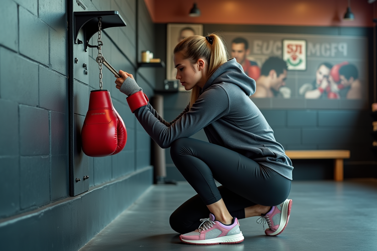 Jeune femme fixant un support pour gants de boxe dans salle
