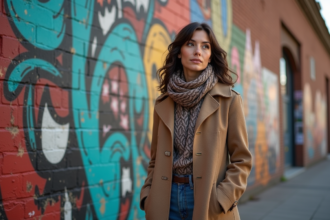 Femme en manteau vintage devant un mur urbain coloré