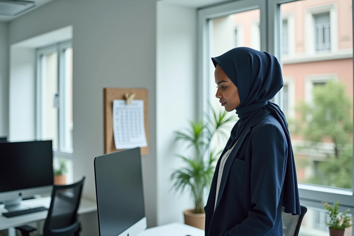 Femme musulmane voilée consultant un planning de prière dans un bureau moderne à Mantes-la-Jolie
