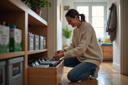 Femme d'âge moyen triant des batteries dans un intérieur lumineux