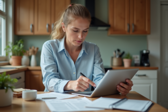 Femme d'âge moyen vérifiant ses factures sur une tablette dans une cuisine organisée