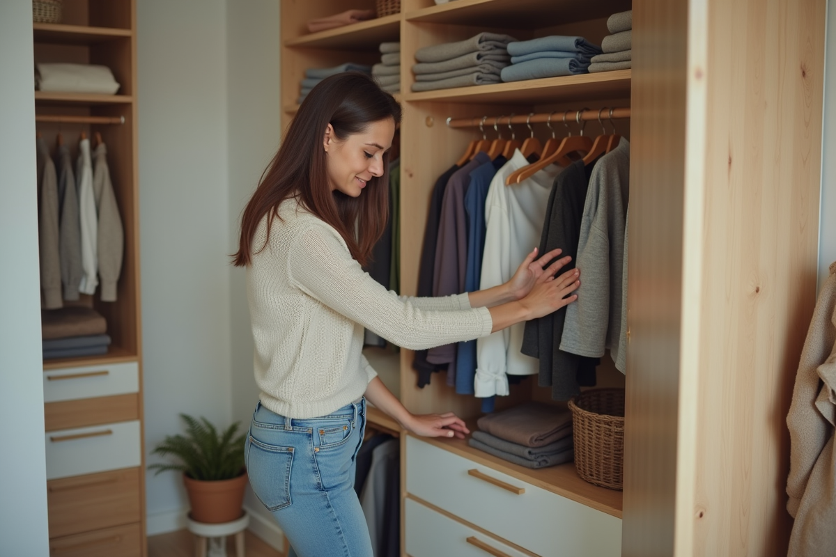 Femme organisée dans son dressing moderne et lumineux