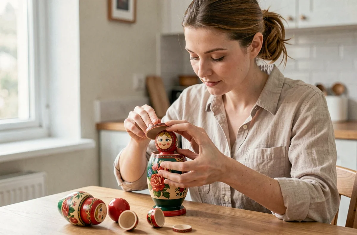 Femme adulte ouvrant une poupée russe en bois peint pour en révéler une plus petite à l'intérieur, à table dans une cuisine