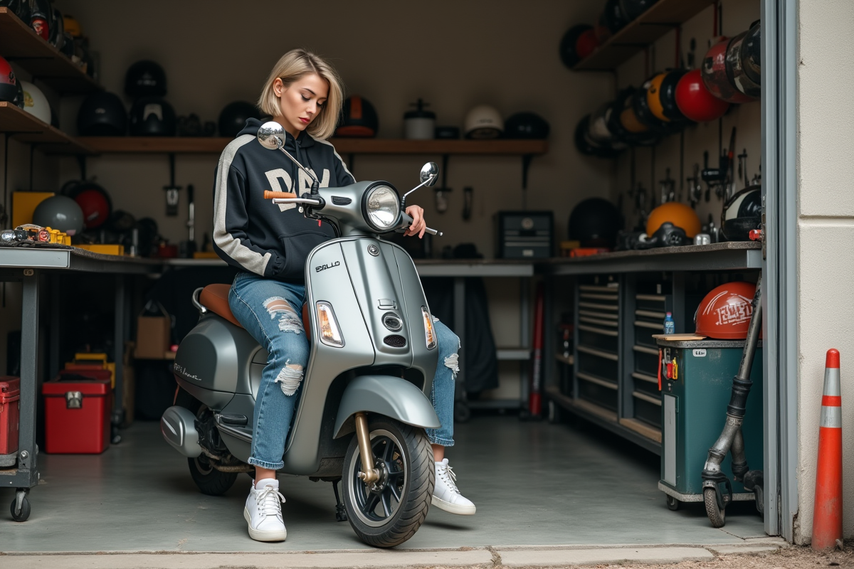 Femme de 22 ans sur son scooter dans un garage créatif