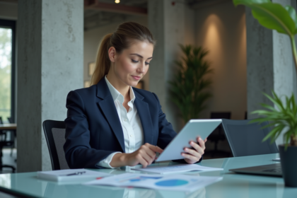 Femme professionnelle en réunion avec tablette et décor moderne