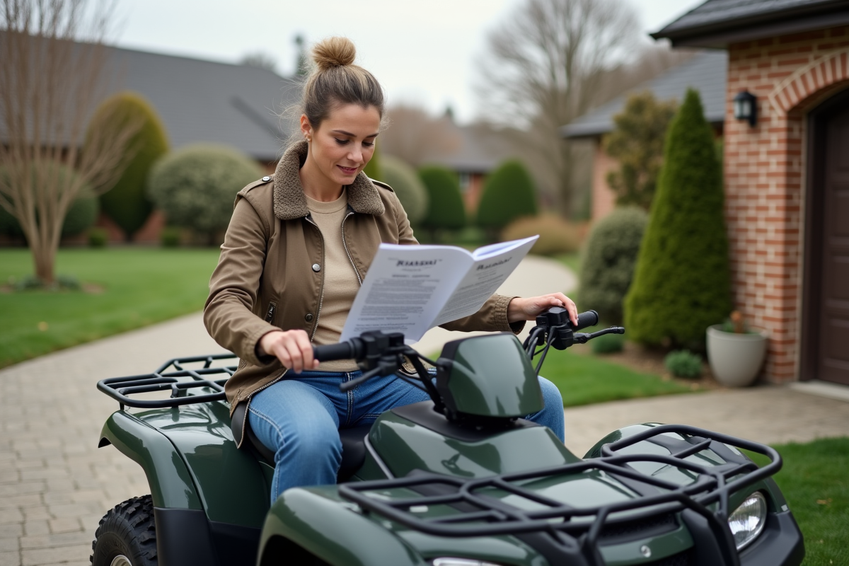 Femme lisant un manuel sur un quad dans un jardin résidentiel