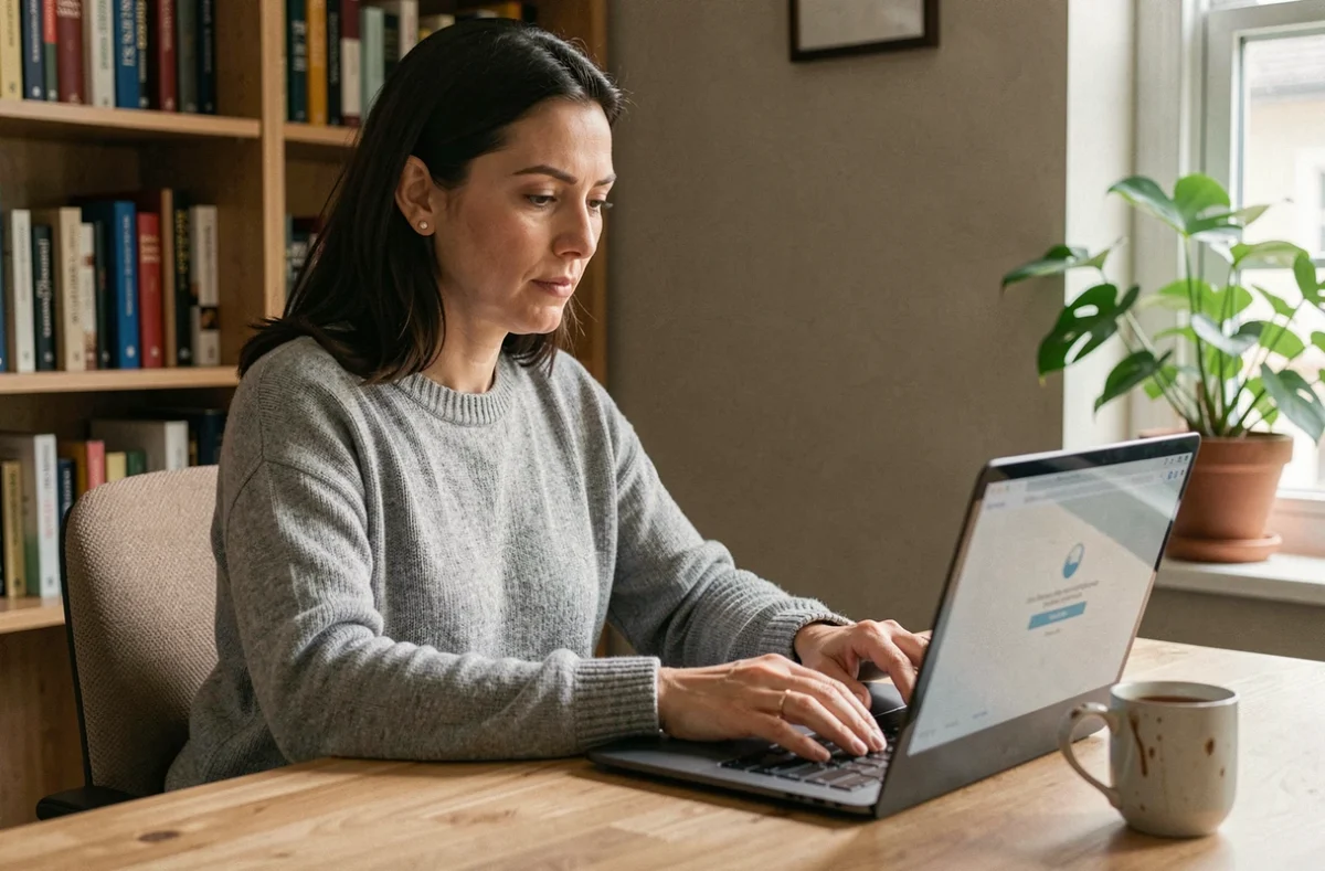 Femme utilisant un ordinateur portable pour se reconnecter à son compte EliteRencontre après une longue absence