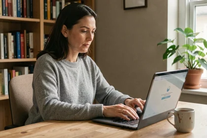 Femme utilisant un ordinateur portable pour se reconnecter à son compte EliteRencontre après une longue absence