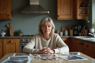 Femme d'âge moyen pensant à la famille dans la cuisine