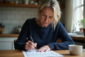 Femme remplissant une grille de LOTO FDJ avec un stylo, en cochant les numéros sur le ticket officiel