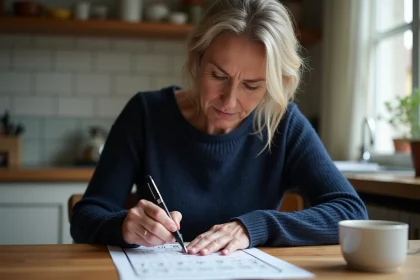 Femme remplissant une grille de LOTO FDJ avec un stylo, en cochant les numéros sur le ticket officiel