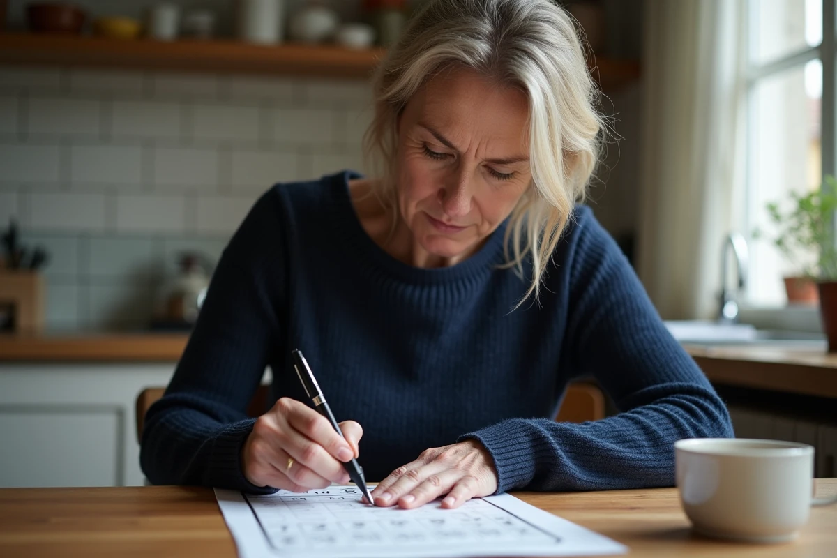 Femme remplissant une grille de LOTO FDJ avec un stylo, en cochant les numéros sur le ticket officiel