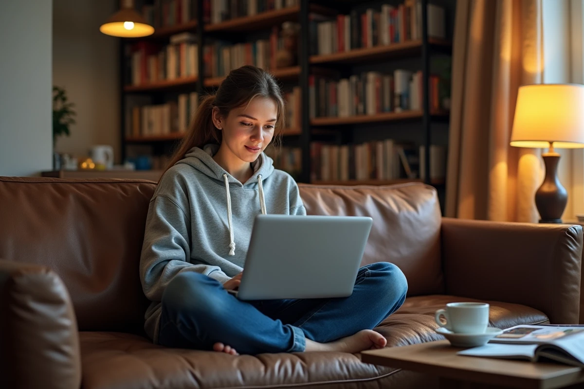Jeune femme regardant une série scientifique vulgarisée sur son ordinateur portable dans un salon décoré de magazines de science