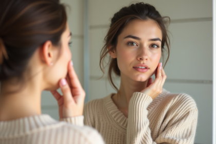 Femme examinant sa peau dans un miroir de salle de bain