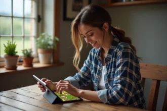 Femme concentrée jouant à Hay Day sur tablette à la ferme