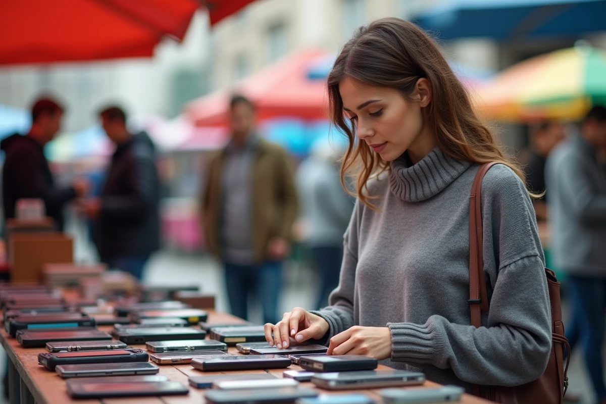 Femme inspectant des téléphones anciens lors d