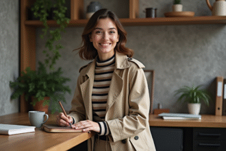Jeune femme en trench beige dans un espace de travail moderne