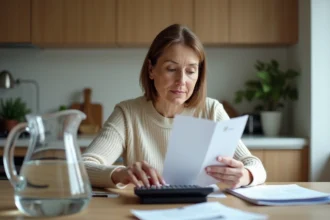 Femme vérifiant sa facture d'eau à la maison