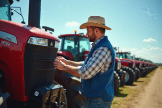 Fermier inspectant un tracteur d'occasion en plein air