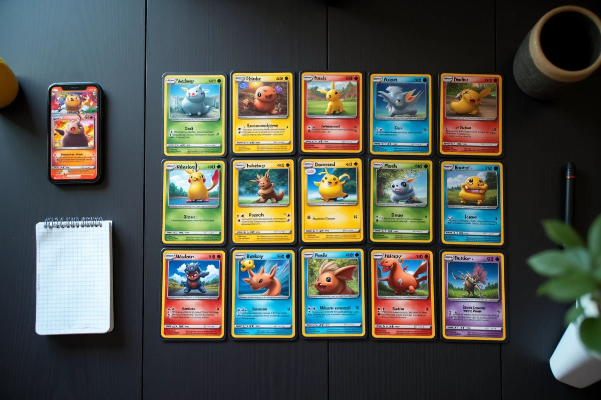 Vue aérienne d'un deck Pokémon Pocket organisé avec des cartes, un smartphone et des notes de stratégie sur bois sombre