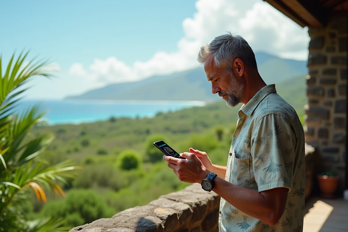 Homme consultant une application de fuseaux horaires sur smartphone depuis une terrasse avec vue sur le paysage de La Réunion
