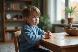 Garçon de 7 ans pensif dans un salon cosy