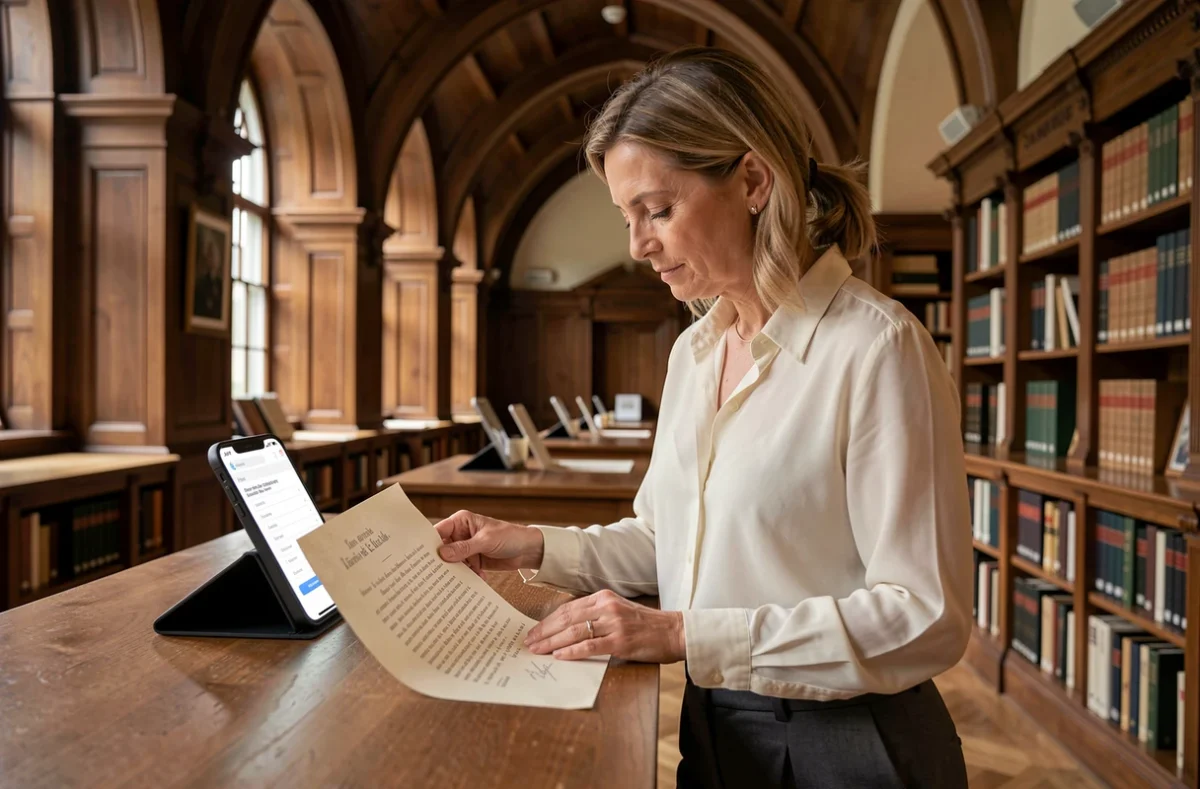 Femme consultant un générateur de lettres napoléoniennes sur smartphone dans une bibliothèque historique avec parchemins et livres anciens