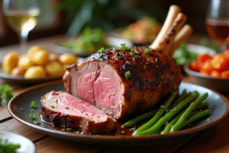 Gigot d'agneau rôti sur une table rustique avec légumes
